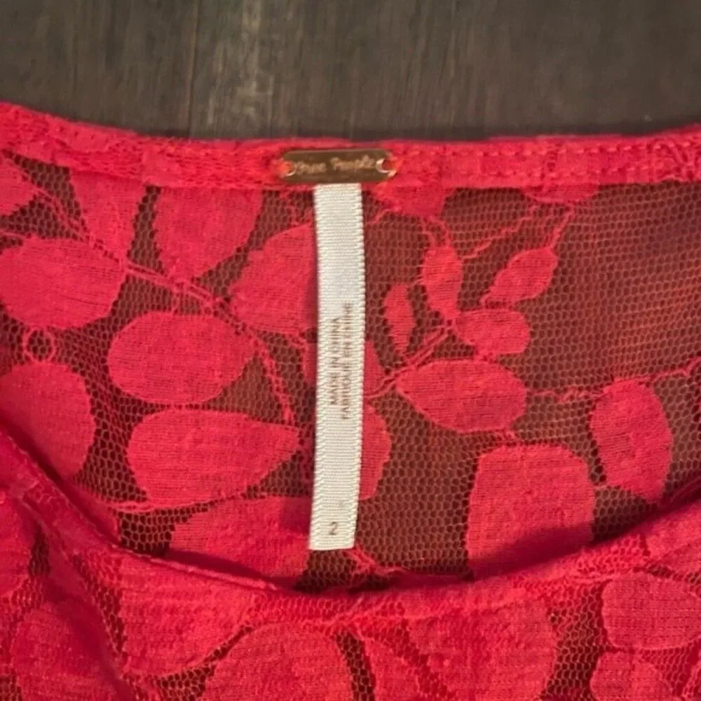 Free People Floral Mesh Lace Dress Hot Red 2